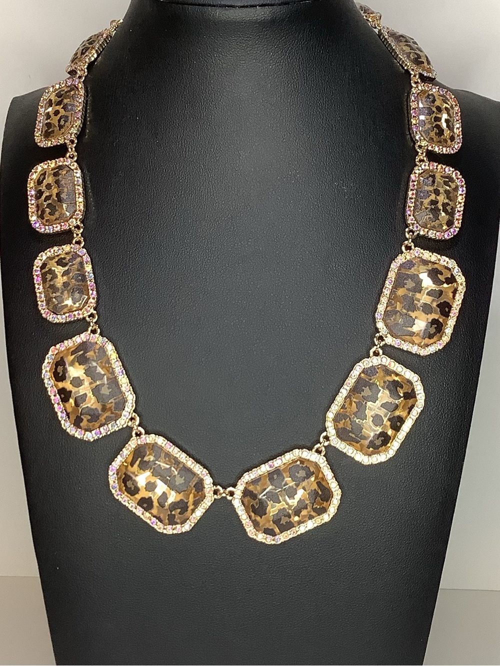 Betsey Johnson Leopard Print Tile Rhinestone Statement Necklace New